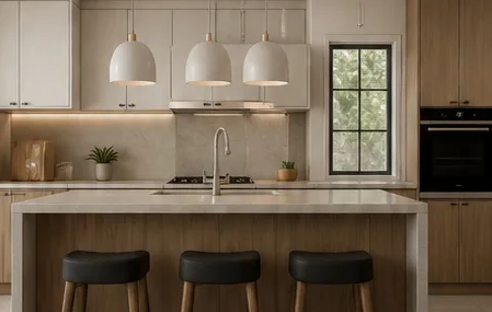 Cocina moderna con isla de madera y melamina
